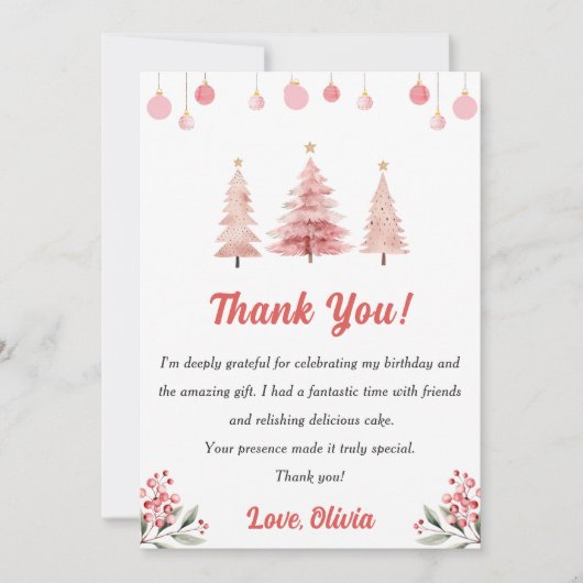 ピンククリスマスツリー誕生日パーティーサンキューカード 招待状 (正面)