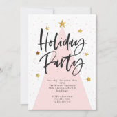 ピンククリスマスツリー金ゴールドスターズホリデーパーティ 招待状 (正面)