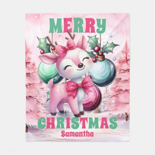 ピンククリスマストナカイパーソナライズされたキッズ名 フリースブランケット (正面)