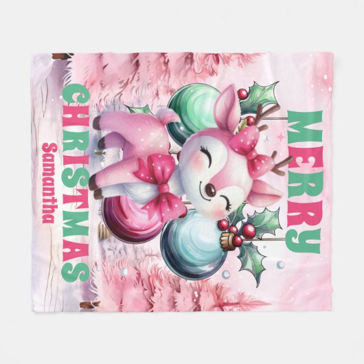 ピンククリスマストナカイパーソナライズされたキッズ名 フリースブランケット (正面(横))