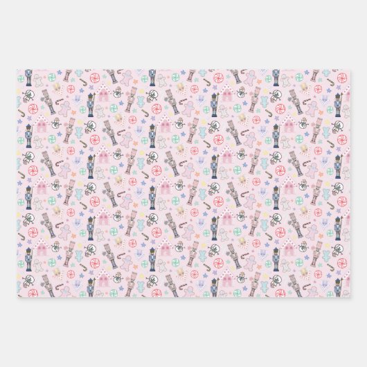 ピンククリスマスナッツクラッカー、ジンジャーブレッド&雪だるまW ラッピングペーパーシート (正面)