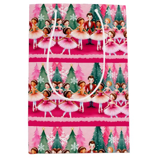 ピンククリスマスナツクラッカーバレリーナ子供の誕生日 ミディアムペーパーバッグ (正面)