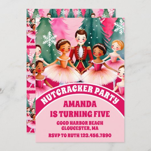 ピンククリスマスナツクラッカーバレリーナ子供の誕生日 招待状 (正面/裏面)
