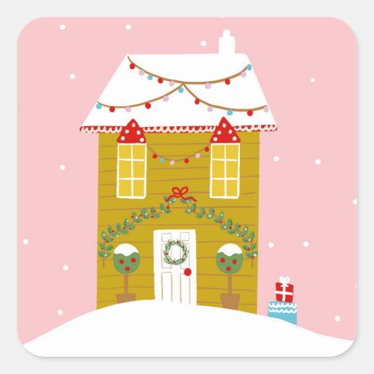 ピンククリスマスパーティー子供の誕生日ホリデー スクエアシール (正面)