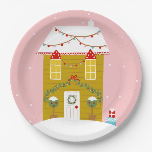ピンククリスマスパーティー子供の誕生日ホリデー ペーパープレート (正面)