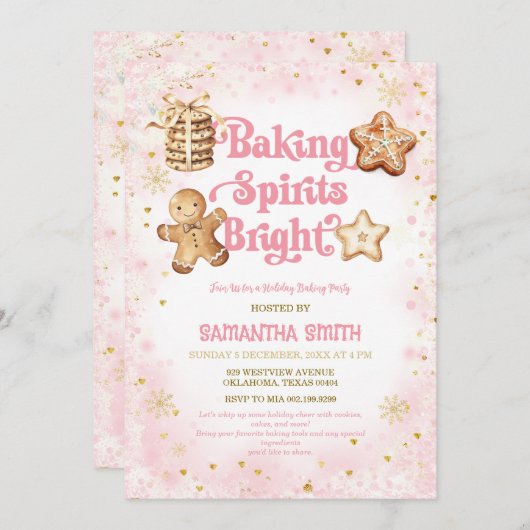 ピンククリスマスベーキングスピリッツ明るいベーキングパーティー 招待状 (正面/裏面)
