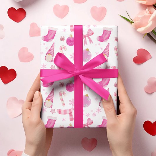 ピンククリスマスボウ&スノーフレークラップ紙 ラッピングペーパー