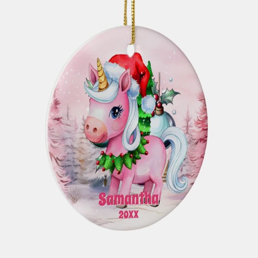 ピンククリスマスユニコーンキッズフォトオーナメント セラミックオーナメント (右)