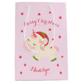 ピンククリスマスユニコーンホリデーパーソナライズされた ミディアムペーパーバッグ (正面)