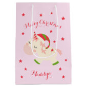 ピンククリスマスユニコーンホリデーパーソナライズされた ミディアムペーパーバッグ (裏面)