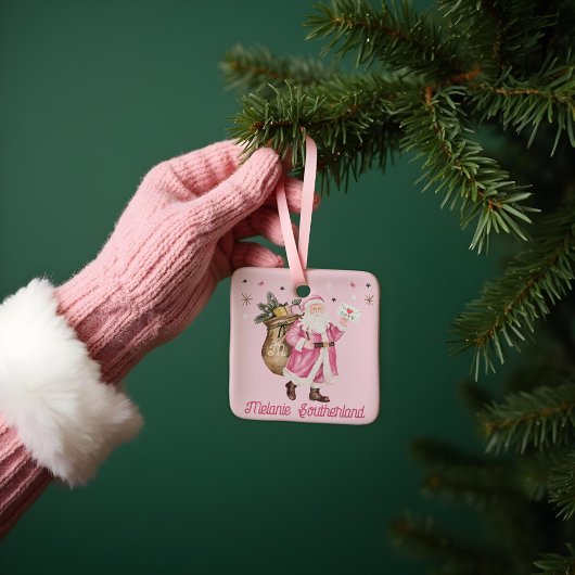 ピンククリスマスレトロヴィンテージサンタクロース文字 セラミックオーナメント