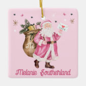 ピンククリスマスレトロヴィンテージサンタクロース文字 セラミックオーナメント (正面)