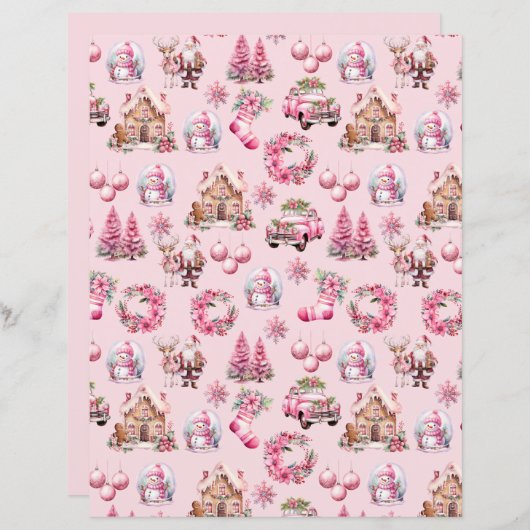 ピンククリスマスヴィンテージスクラップブック紙 (正面/裏面)