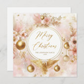 ピンククリスマス金ゴールドエンジェルフローラリースファミリー シーズンカード (正面/裏面)