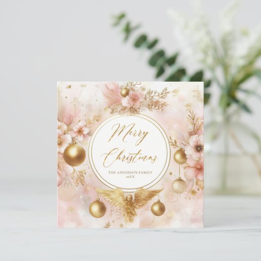 ピンククリスマス金ゴールドエンジェルフローラリースファミリー シーズンカード (スタンド正面)