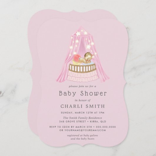 ピンククリブベビーガールズベビーシャワー招待状 招待状 (正面/裏面)