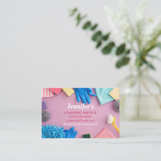 ピンククリーニング用品ハウスクリーンサービス 名刺 (スタンド正面)