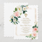 ピンククリームの花柄幾何学模様の初めての聖体拝領 招待状 (正面/裏面)