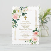 ピンククリームの花柄幾何学模様の初めての聖体拝領 招待状 (スタンド正面)