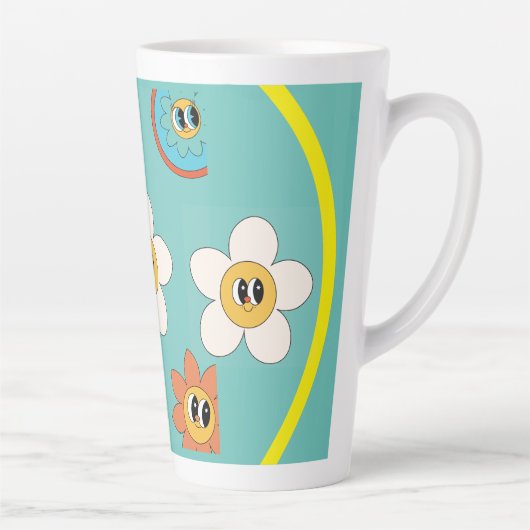 ピンククリームイラストレーションレトロフラワーラテマグカップ カフェラテマグ (右)