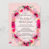 ピンククリームウォーターカラーフローラ結婚式招待状 (正面/裏面)