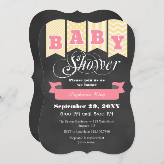 ピンククリームシャルボードフラッグベビーシャワー招待状 招待状 (正面/裏面)