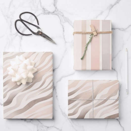 ピンククリームゼブラアニマルプリント誕生日 ラッピングペーパーシート (正面)