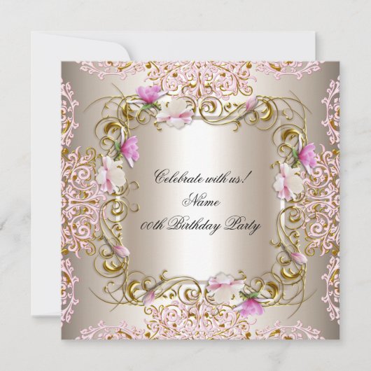 ピンククリームダマスク金ゴールドフラワーバースデーパーティー 招待状 (正面)