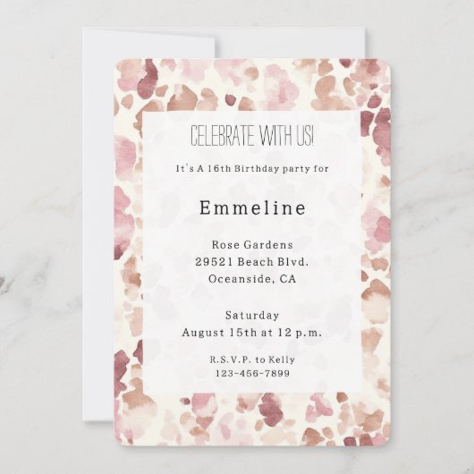 ピンククリームチョコレートブラウンヒョウ誕生日 招待状 (正面)