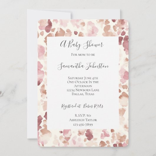 ピンククリームチョコレートブラウンヒョウ赤ちゃんシャワー 招待状 (正面)