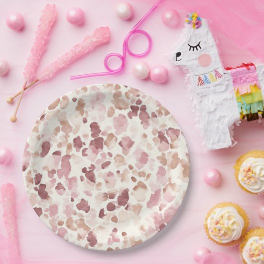 ピンククリームチョコレートブラウン抽象芸術ヒョウ動物 ペーパープレート (パーティー)