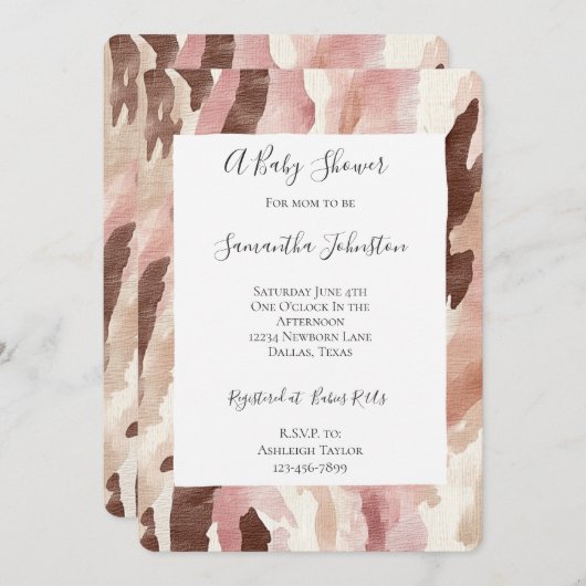 ピンククリームチョコレートブラウン抽象芸術ベビーシャワー 招待状 (正面/裏面)