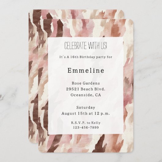 ピンククリームチョコレートブラウン抽象芸術誕生日 招待状 (正面/裏面)
