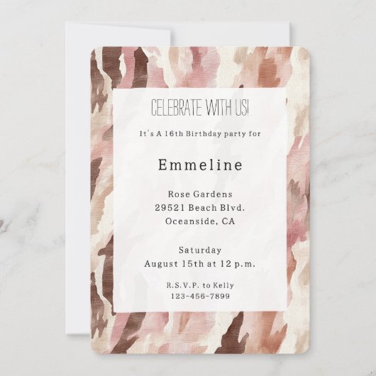 ピンククリームチョコレートブラウン抽象芸術誕生日 招待状 (正面)
