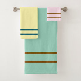 ピンククリームティール（緑がかった色）ブラウンジオメトリックストライプス バスタオルセット