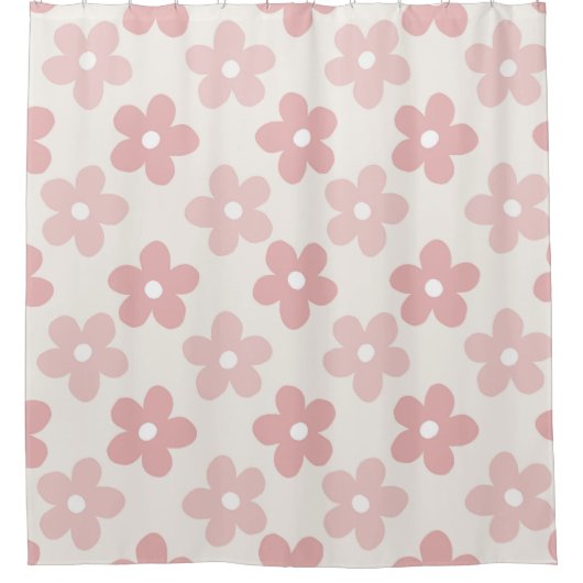 ピンククリームデイジー花レトロ模様 シャワーカーテン (正面)