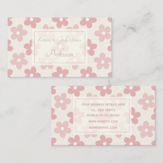 ピンククリームデイジー花レトロ模様 名刺 (正面/裏面)