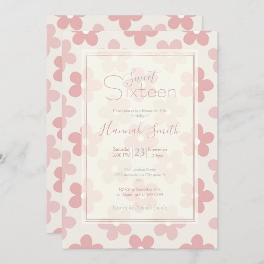 ピンククリームデイジー花レトロ模様 招待状 (正面/裏面)