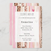 ピンククリームハートヒョウストライプ誕生日 招待状 (正面/裏面)