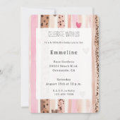 ピンククリームハートヒョウストライプ誕生日 招待状 (正面)