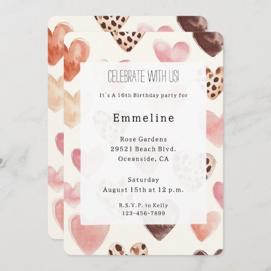 ピンククリームハートヒョウ誕生日 招待状 (正面/裏面)