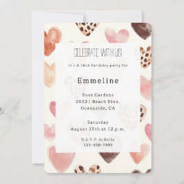 ピンククリームハートヒョウ誕生日 招待状