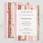 ピンククリームハート豹柄ストライプ誕生日 招待状 (正面/裏面)