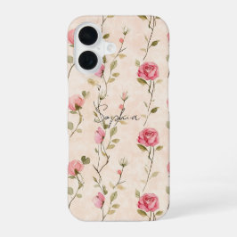 ピンククリームバラの華やかな花柄 iPhone 16ケース
