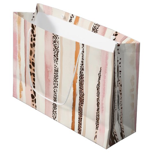 ピンククリームヒョウ印刷ストライプ誕生日 ラージペーパーバッグ (正面アングル)