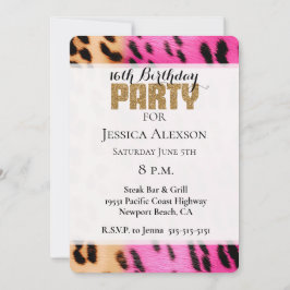 ピンククリームヒョウ金ゴールドグリッターパーティー 招待状