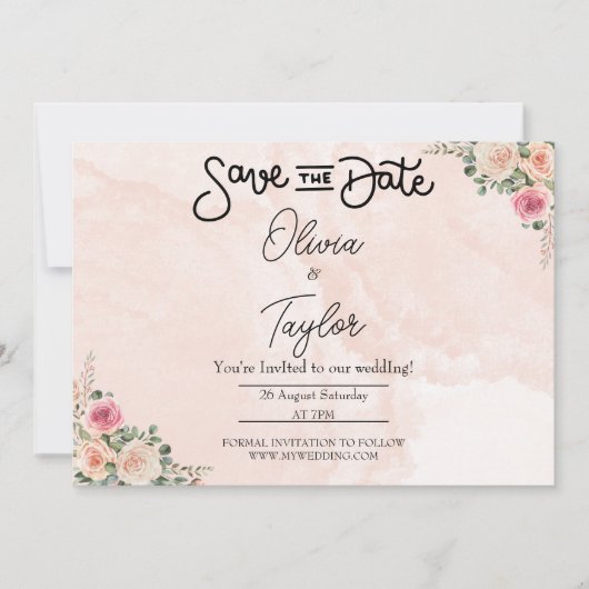 ピンククリームフラワーの結婚式Save the Dateカード 招待状 (正面)