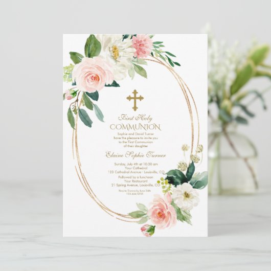 ピンククリームフローラオーバルフレーム第1聖餐式 招待状 (スタンド正面)