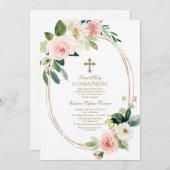 ピンククリームフローラオーバルフレーム第1聖餐式 招待状 (正面/裏面)