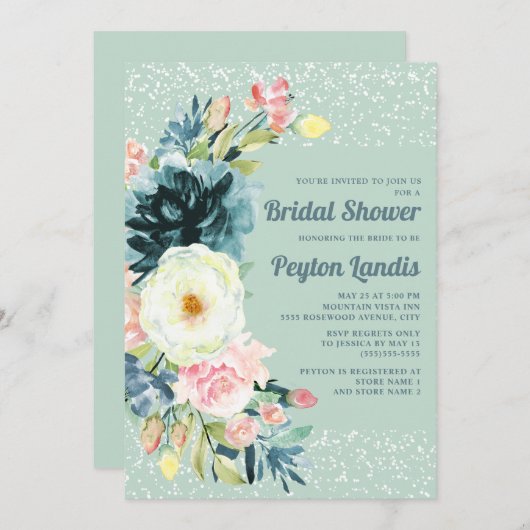 ピンククリームフローラグリッターネオミントブライダルシャワー 招待状 (正面/裏面)